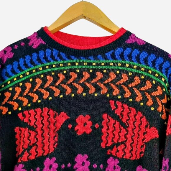Vintage 80s Pandora Sweater Bright Bird Floral Knit Colorful Jumper l Medium - Picture 3 of 8